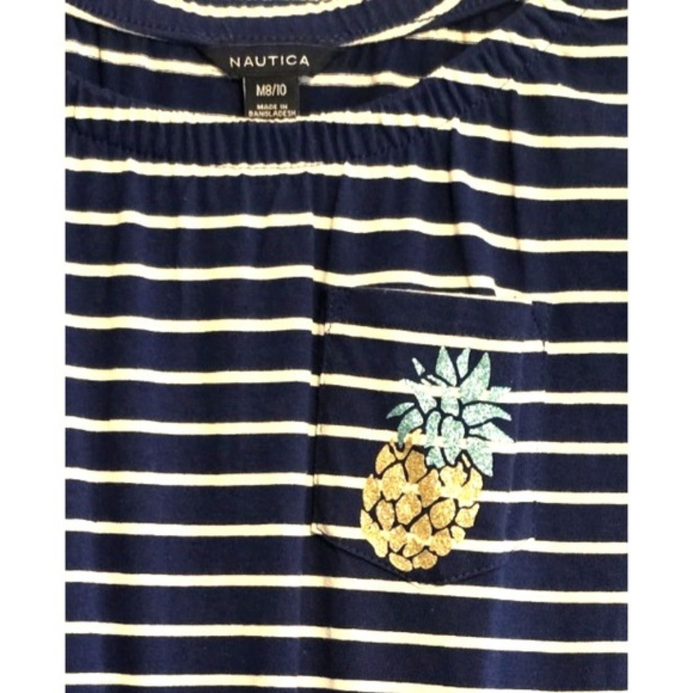 Nautica Blue White Striped Jumpsuit Girls Size M 8/10 Glitter Pineapple Nautical - Picture 2 of 10